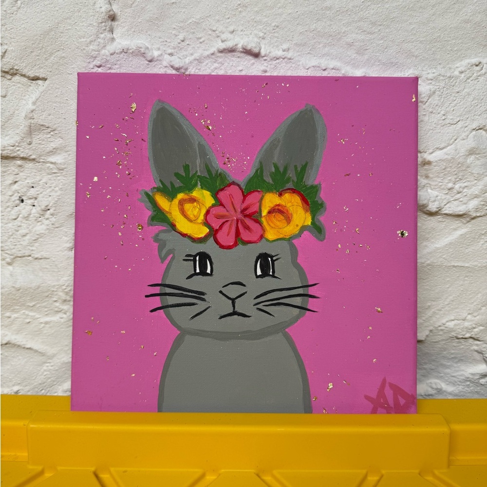 Floral Crown Bunny Art on Pink Canvas